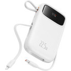Baterie externa Baseus Qpow2, 10000 mAh, 1x USB, 2x USB-C, 22.5 W, Display, Cablu USB-C & Lightning integrat, White