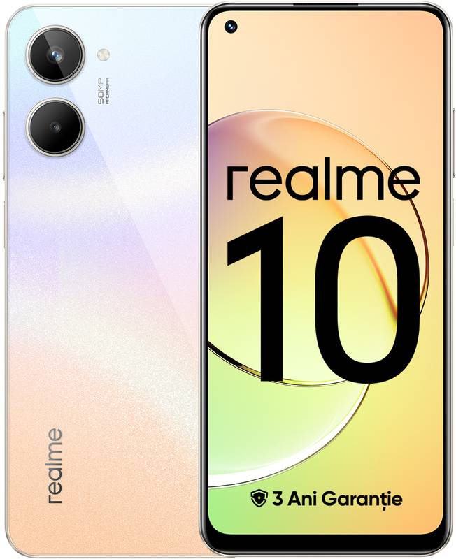 Smartphone Realme 10, Ecran Gorila Glass, 128GB, 8GB RAM, Dual SIM, 4G, Camera 50 MPX, baterie 5000 mAh, Clash White