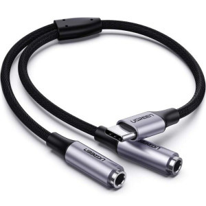 Adaptor Ugreen AV144, 1x USB-C Male - 2x Jack 3.5 mm Female, 0.2m, negru-gri