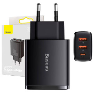 Baseus CCXJ-E01, 1x USB-C, 2x USB, Quick Charge 30W, Black
