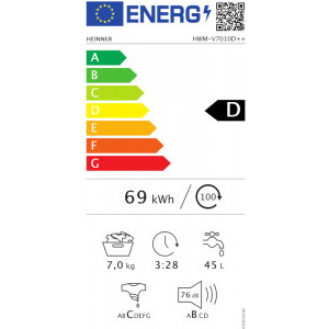 Heinner HWM-V7010D++, 7 kg, 1000 RPM, Clasa D, 60 cm, Alb