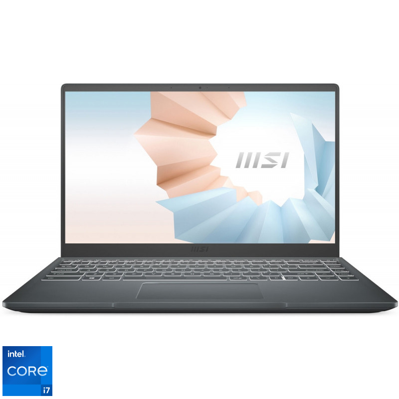 Laptop MSI 14'' Modern 14 B11MO, FHD, Procesor Intel® Core™ i7-1165G7 (12M Cache, up to 4.70 GHz, with IPU), 16GB DDR4, 512GB SSD, Intel Iris Xe, No OS, Carbon Gray