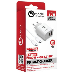 Lemontti 1x USB-C, 1x USB QC Charge 3.0, Whitehb  + USB-C Male la USB-C Male, 20W, 1m, White
