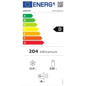 Samsung RB34C600DWW/EF, 344 L, Clasa D, No Frost, Digital Inverter, All Around Cooling, SpaceMax, AI Energy, Smart Things, Control electronic, 185 cm, Alb