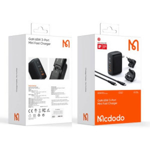 Mcdodo Mecha Series GaN, 1x USB, 2x USB-C, 65W, Black + Cablu USB-C la USB-C, 60W, 2m, Black