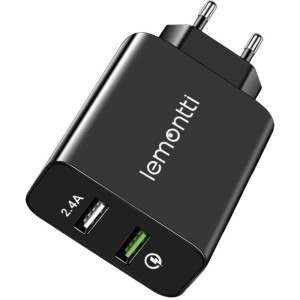 Lemontti 2x USB QC 3.0, 30W, Fast Charge + USB 2.4A Black