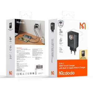 Mcdodo 1x USB, 1x USB-C, Fast Charge 30W, Black cu Incarcator wireless integrat pentru Apple Watch