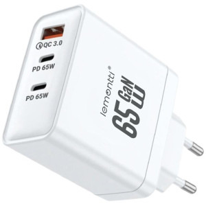Lemontti 1x USB, 2x USB-C, Fast Charge 65W, GaN, White