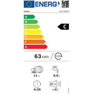Candy CI1C7SB1FA, Slim, 11 seturi, 8 programe, Clasa C, Speed Drive Inverter, Deschidere automata usa, 45 cm