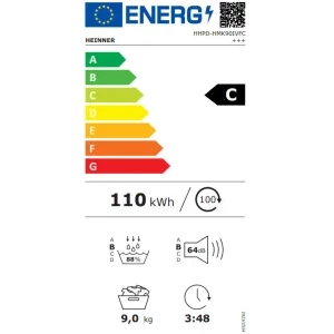 Heinner HHPD-HMK90IVFC+++, Pompa de caldura, 9 kg, Clasa C, Inverter, Iluminare interioara, Alb