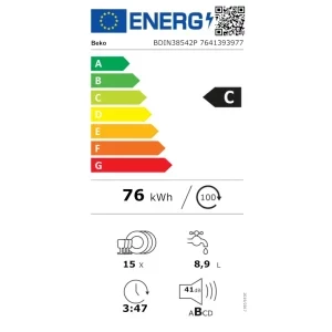Beko BDIN38542P, 15 seturi, 8 programe, Clasa C, ProSmart Inverter, PowerIntense, SelfDry, AquaFlex, 60 cm
