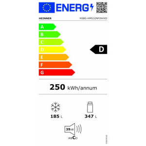 Heinner HSBS-HM532NFINVXD, 532 L, Clasa D, Full No Frost, Inverter, Control electronic, Iluminare LED, 177 cm, Inox