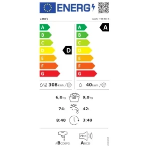 Candy GWD 496B8-S, Clasa A, Spalare 9 kg, Uscare 6 kg, 1400 RPM, Clasa A, Inverter, ProActive Wash, Alb