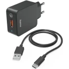 Incarcator retea Hama 1x USB, Quick Charge 19.5 W, Black + Cablu USB-C
