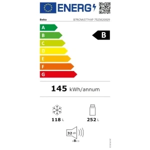Beko B7RCNA377HXP, 370 L, Clasa B, No Frost, ProSmart Inverter, HarvestFresh, AeroFlow, MultiMode, MultiZone, Control electronic, 186 cm, Inox