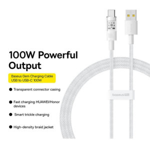 Baseus Gem, USB Male la USB-C Male, 100W, 2 m, White