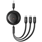 Cablu de date / adaptor Baseus Free2Draw, USB Male la USB-C Male & MicroUSB Male & Lightning Male, Retractabil, 1.1 m, Black