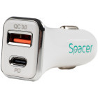Incarcator auto Spacer SPCC-DUOQ-04, 1x USB-C, 1x USB, 38 W, White