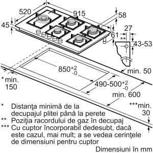Bosch PRS9A6H40, Gaz, 5 zone de gatit, FlameSelect, Home Connect, Aprindere electrica integrata, Sistem de siguranta, Gratar fonta, Wok, 90 cm, Negru