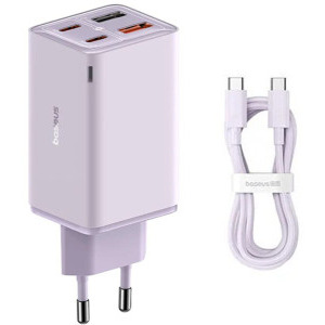 Baseus GaN6 Pro, 2x USB-C, 2x USB, Quick Charge 65W, Purple + cablu USB-C
