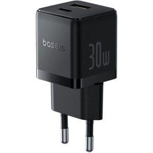 Incarcator retea Baseus Palm, Quick Charge 30W, 1x USB, 1x USB-C, Black + cablu USB Type-C la USB Type-C 1m