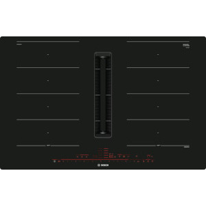 Plita incorporabila Bosch PXX801D67E, Inductie, 4 zone de gatit, Hota integrata, 2 Flex Zone, Putere de absorbtie 500 m3/h, 80 cm, Negru
