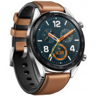 Huawei WATCH GT, Bluetooth, GPS, corp argintiu, curea piele maro, rezistent la apa, senzor HR