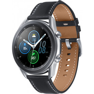 Samsung Galaxy Watch 3, 45 mm, otel argintiu, curea piele negru-maro, Wi-Fi, Bluetooth, NFC, rezistent la apa