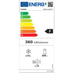 Heinner HSBS-441NFXF+, 441 L, No Frost, Display, Clasa F, Functie vacanta, Super congelare, 178 cm, Inox