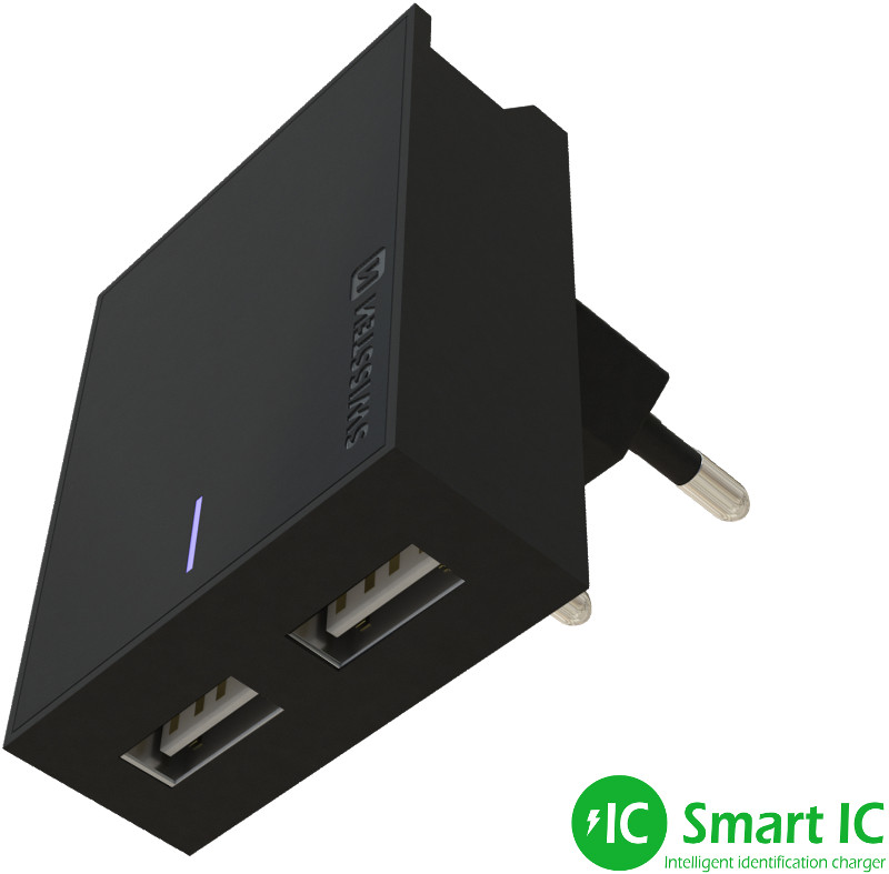 Incarcator retea GSM Swissten Slim, 2x USB, 3A, Black cu tehnologia Smart IC