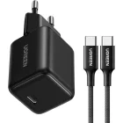Incarcator retea Ugreen X513, 1x USB-C, Quick Charge 30 W, GaN, Black + Cablu USB-C