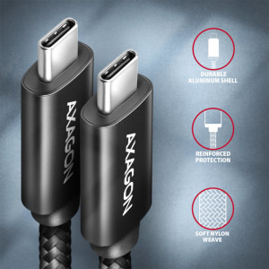 AXAGON USB-C 4 Gen 3x2 Male la USB-C 4 Gen 3x2 Male, 1 m, PD 100W, 5A, Negru