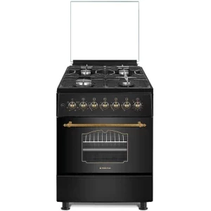 Aragaz Studio Casa ALMARETROBLK57/57, Mixt, 4 arzatoare, Sistem de siguranta, Aprindere integrata, Grill, Rotisor, Clasa A, 57 cm, Negru