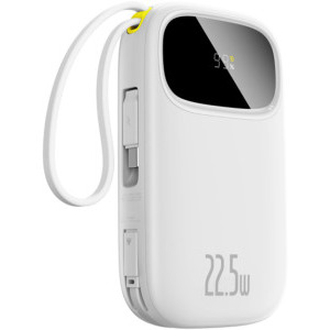Baterie externa Baseus Qpow3, 10000 mAh, 1x USB, 22.5 W, Display, Cablu USB-C & Lightning integrat, White