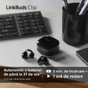 Sony In-Ear, LinkBuds Clip WF-LC900B, True Wireless, Bluetooth, IPX4, AI Voice Assist, Black