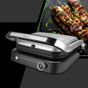 Fram Gratar electric FEG-2100SSBK, 2100W, deschidere 180˚, placi detasabile, 7 programe presetate + manual, senzori pentru detectare grosime, temperatura reglabila, dimensiuni placi: 31.3 x 24.4cm, Argintiu