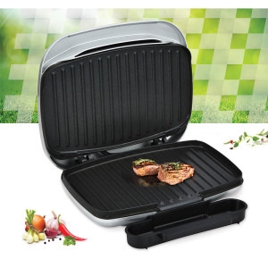 Heinner Gratar electric AriaGrill HEG-F1000SL, 1000W; placi fixe turnate 27 x 23 cm, invelis antiaderent, maner rece, Indicator luminos, tava pentru colectare ulei, Argintiu
