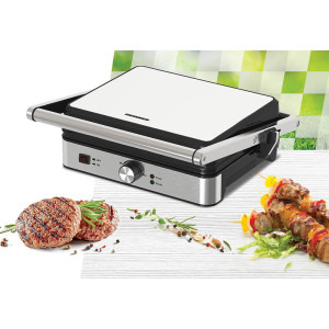 Heinner Gratar electric, SunsetGrill HEG-K2000SS, 2000W, Placi fixe cu invelis antiaderent, Dimensiuni placi: 30 x 24.9 cm, Temperatura reglabila, Maner rece, Deschidere 180˚, Indicatoare luminoase „ON” și „gata de folosire”, Tava colectare ulei, Argintiu-Negru