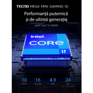 Tecno Gaming Mega Mini G1, Intel Core i9-13900H 5.4GHz , 32GB DDR5, 1TB SSD, RTX 4060 8GB, Wi-Fi, Bluetooth, HDMI, Windows 11 Home, Sistem cu racire lichida, Display integrat