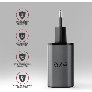 AXAGON ACU-PQ67, 1x USB-C, 1x USB, PD/QC 67W, GaN, Grey