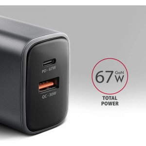 AXAGON ACU-PQ67, 1x USB-C, 1x USB, PD/QC 67W, GaN, Grey