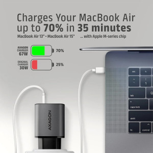 AXAGON ACU-PQ67D, 1x USB-C, 1x USB, PD/QC 67W, GaN, Display, Grey