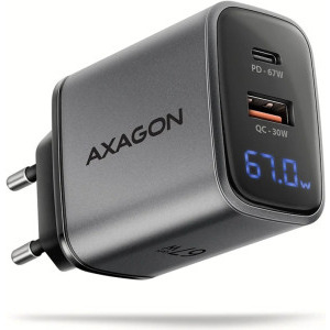 Incarcator retea AXAGON ACU-PQ67D, 1x USB-C, 1x USB, PD/QC 67W, GaN, Display, Grey