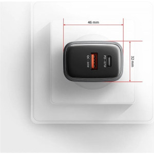AXAGON ACU-PQ67D, 1x USB-C, 1x USB, PD/QC 67W, GaN, Display, Grey