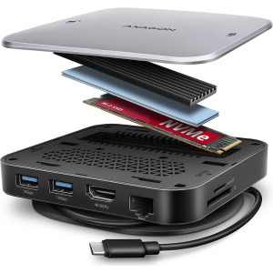 AXAGON Docking Station HMC-UFO, USB-C 10Gbps, 9-in-1, 100W Power Delivery, 4K HDMI, NVMe/SATA M.2, Gigabit LAN, SD/microSD, Jack 3.5mm