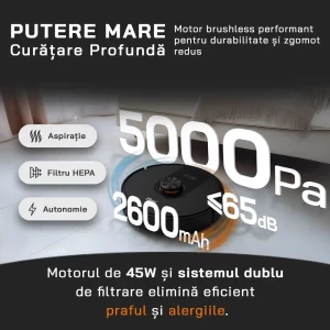 iHunt Bro Robo Clean V6 AutoBase, 2600 mAh, 5000Pa, 0.25 L + 3L, Negru