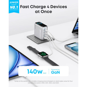 Anker Zolo B2697, 3x USB-C, 1x USB, Quick Charge 140 W, GaN, Display, Silver + Cablu USB-C inclus