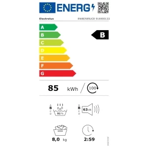 Electrolux EW8D585UCE, Pompa de caldura, 8 kg, Clasa B, Inverter, 3DSense, DelicateCare, MixCare, SmartSelect, My Electrolux Care, Iluminare interioara, Alb