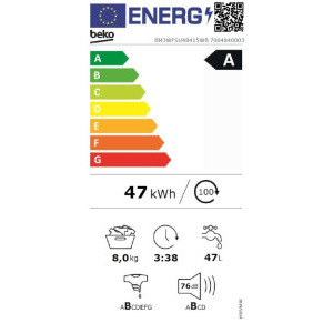 Beko BM3WFSU48415WB, 8 kg, 1400 RPM, Clasa A, ProSmart Inverter, EnergySpin, ColdWash, SteamCure, Alb