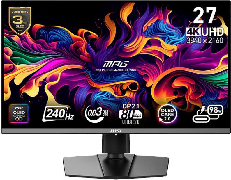 Monitor LED MSI Gaming MPG 272URX 27 inch UHD QD-OLED 0.03 ms 240 Hz USB-C HDR G-Sync Compatible